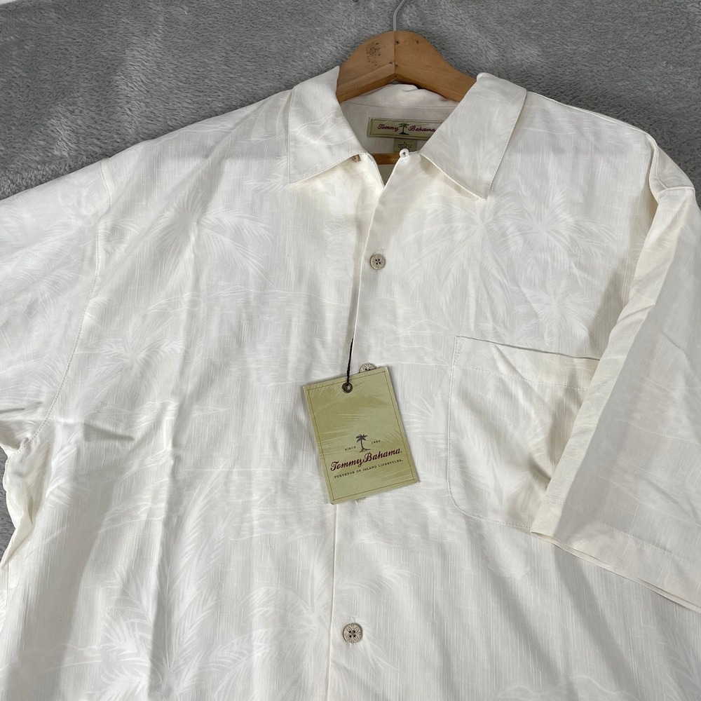 Tommy Bahama Shirt Mens Large White Paradise Grove Camp Silk Palm Jacquard
